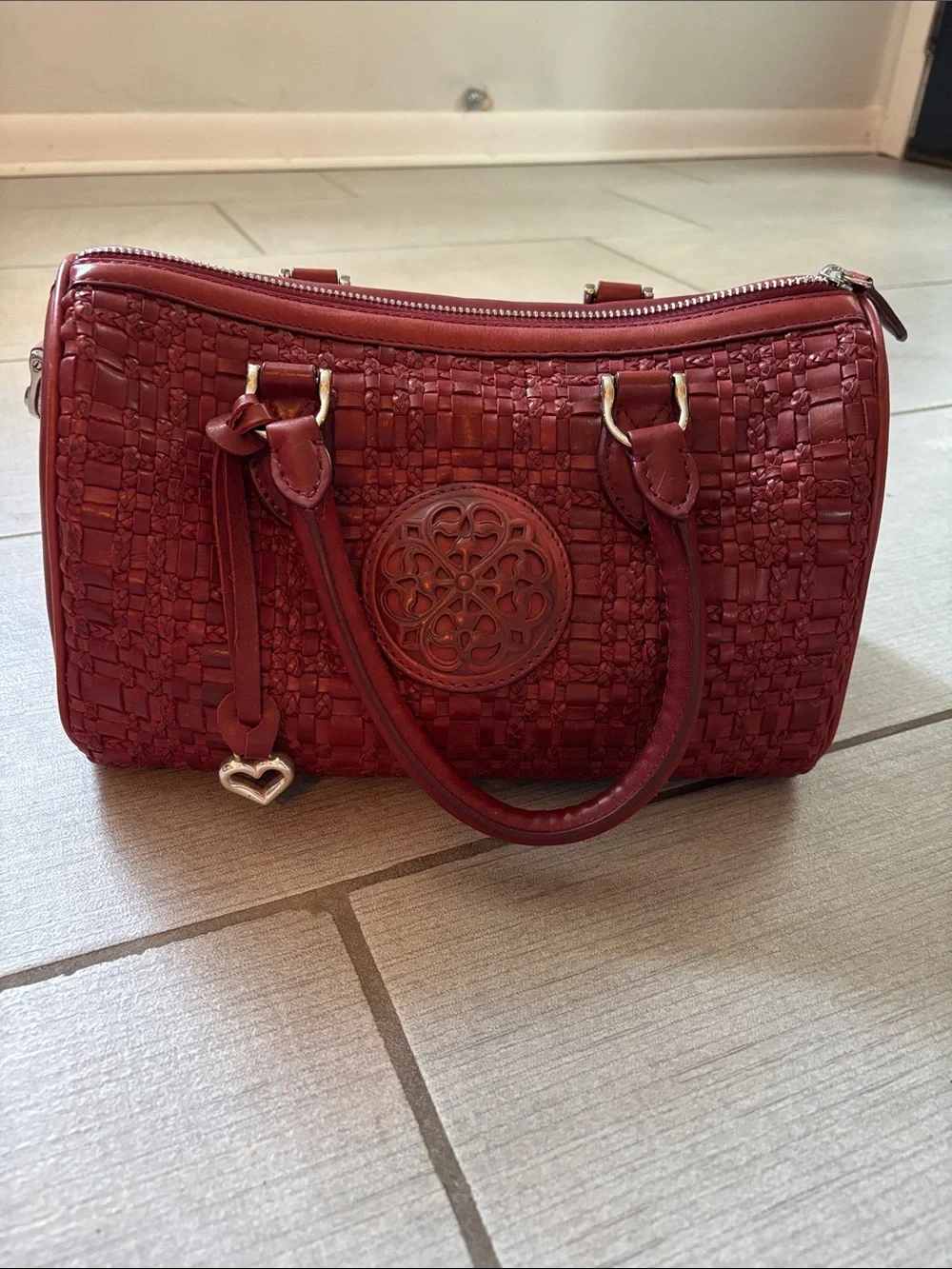 Brighton Ferrara VEREDA Red Woven Leather Satchel Bag Handbag